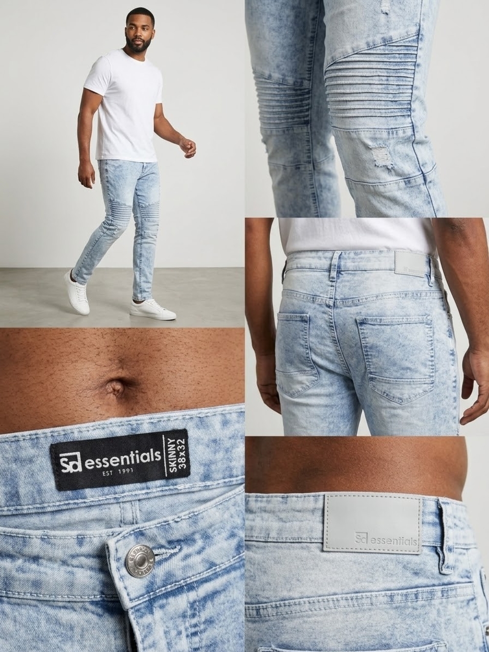 SP Essentials Moto Biker Jeans 38x32 Light Acid Wash Skinny